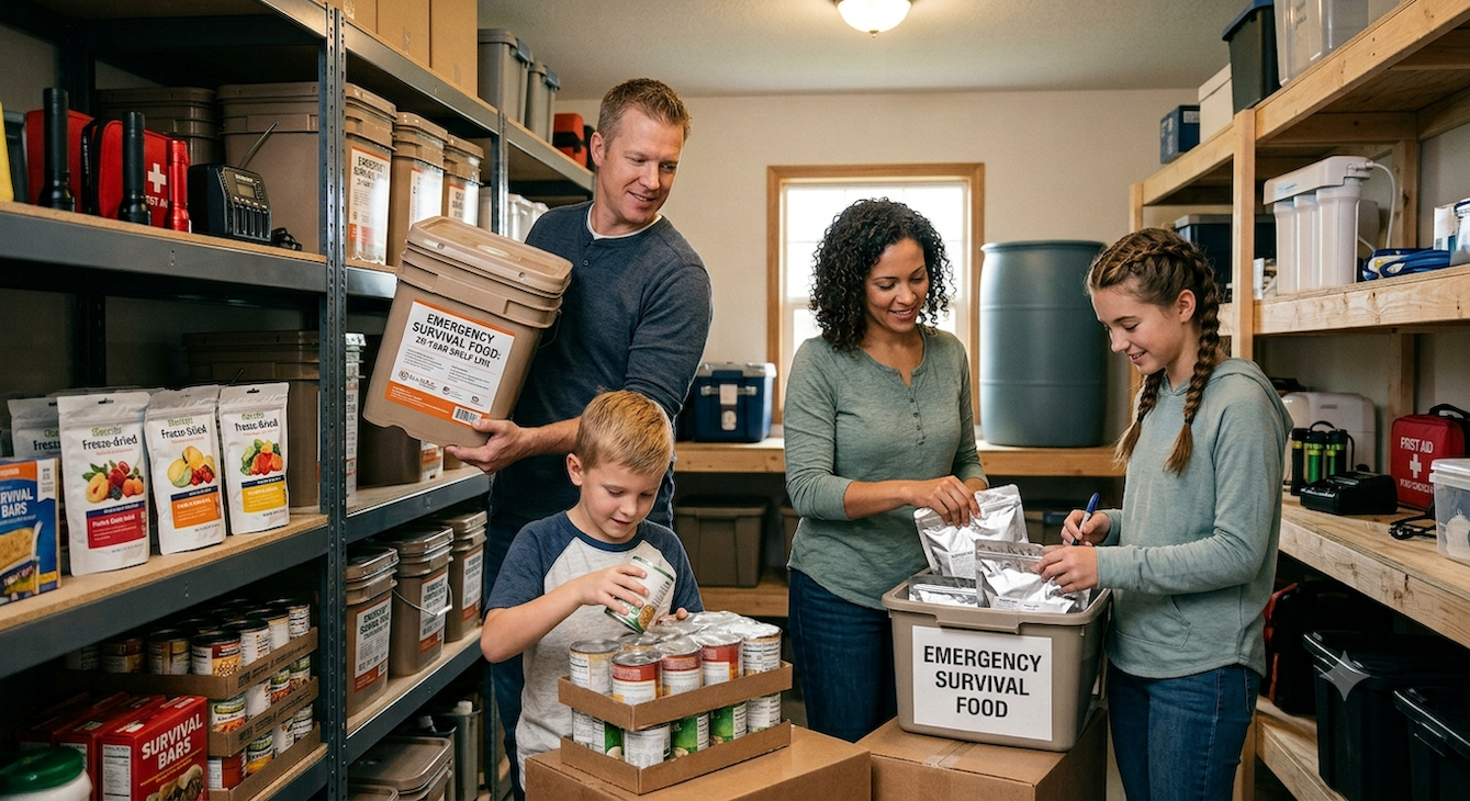 Family emergency preparedness supplies organized at home